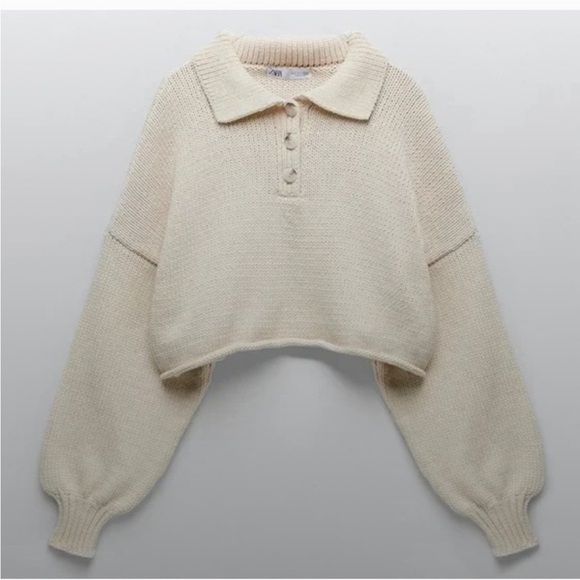 Zara light tan chunky knit cropped long sleeve polo sweater size SM - Picture 5 of 9